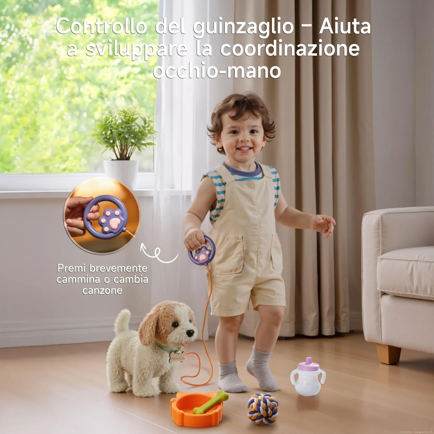OR OR TU cane peluche interattivo con guinzaglio e palla