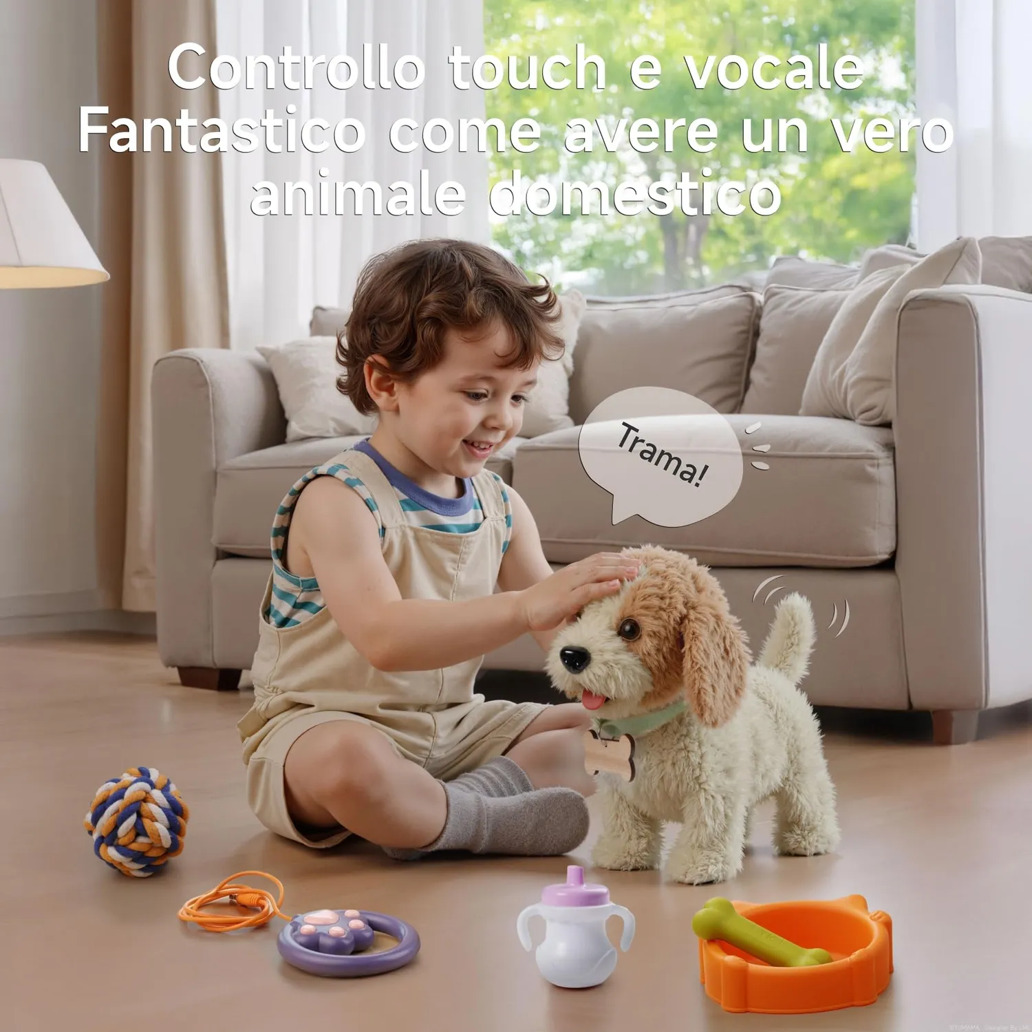 OR OR TU cane peluche interattivo con guinzaglio e palla