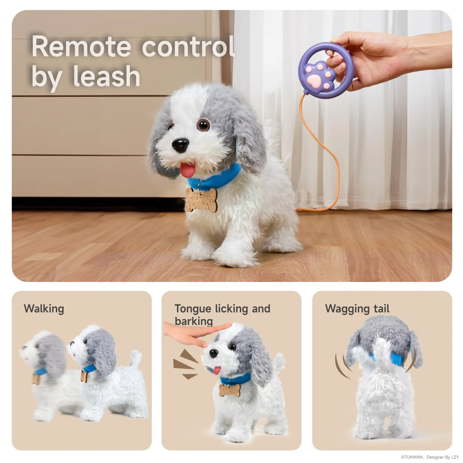 OR OR TU Cagnolino peluche elettronico che lecca e canta con guinzaglio