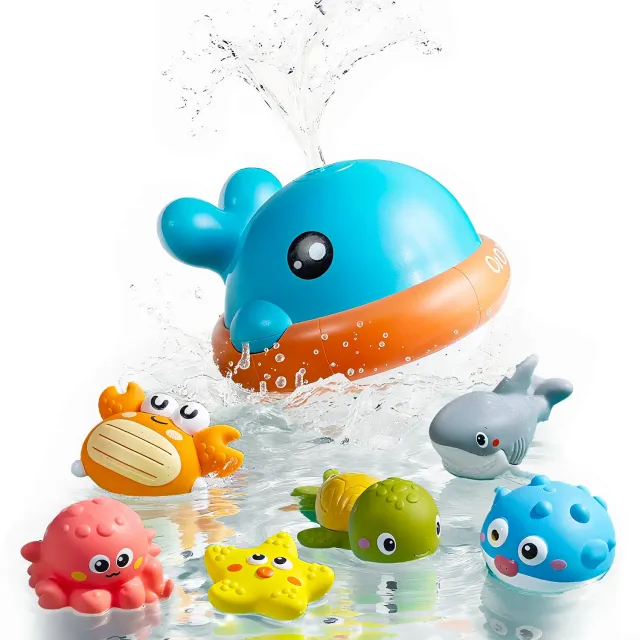 OR OR TU Balena Gioco Bagnetto Luminoso Spruzzante 7 Pezzi USB
