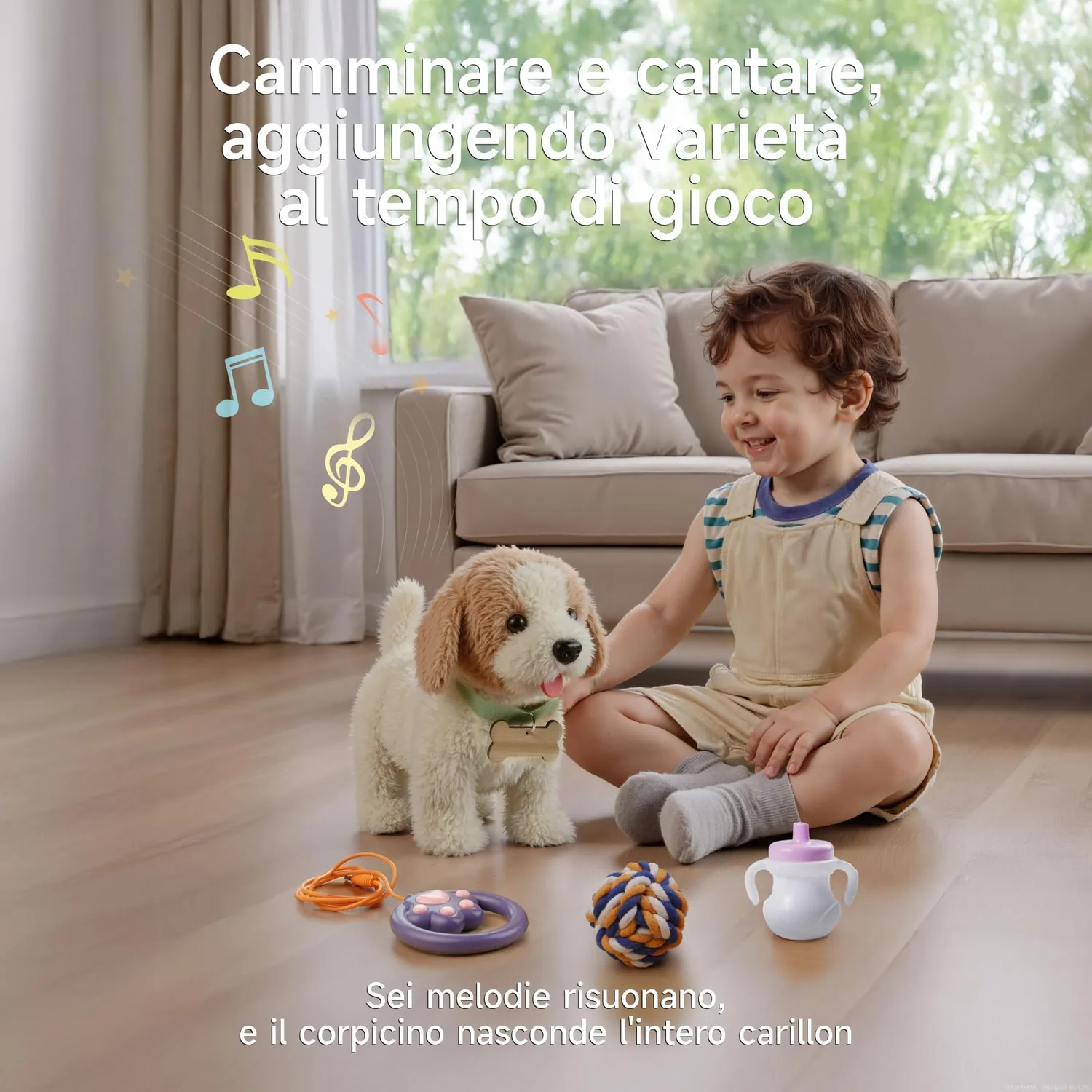 OR OR TU cane peluche interattivo con guinzaglio e palla
