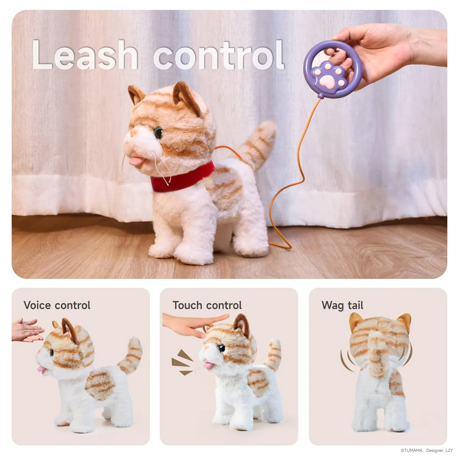 OR OR TU gatto peluche interattivo con guinzaglio e pettine