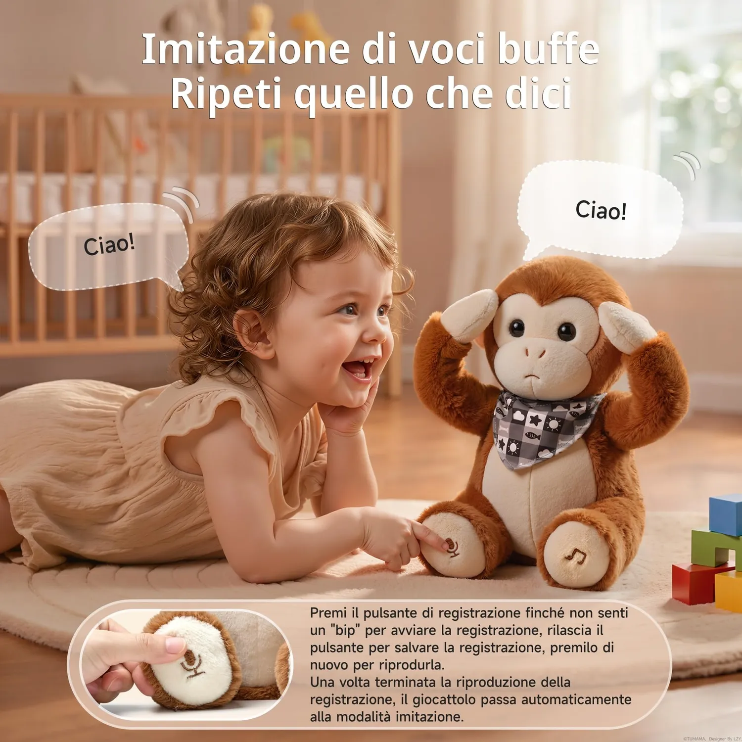 eJog Pup Scimmia peluche interattivo musicale con voce