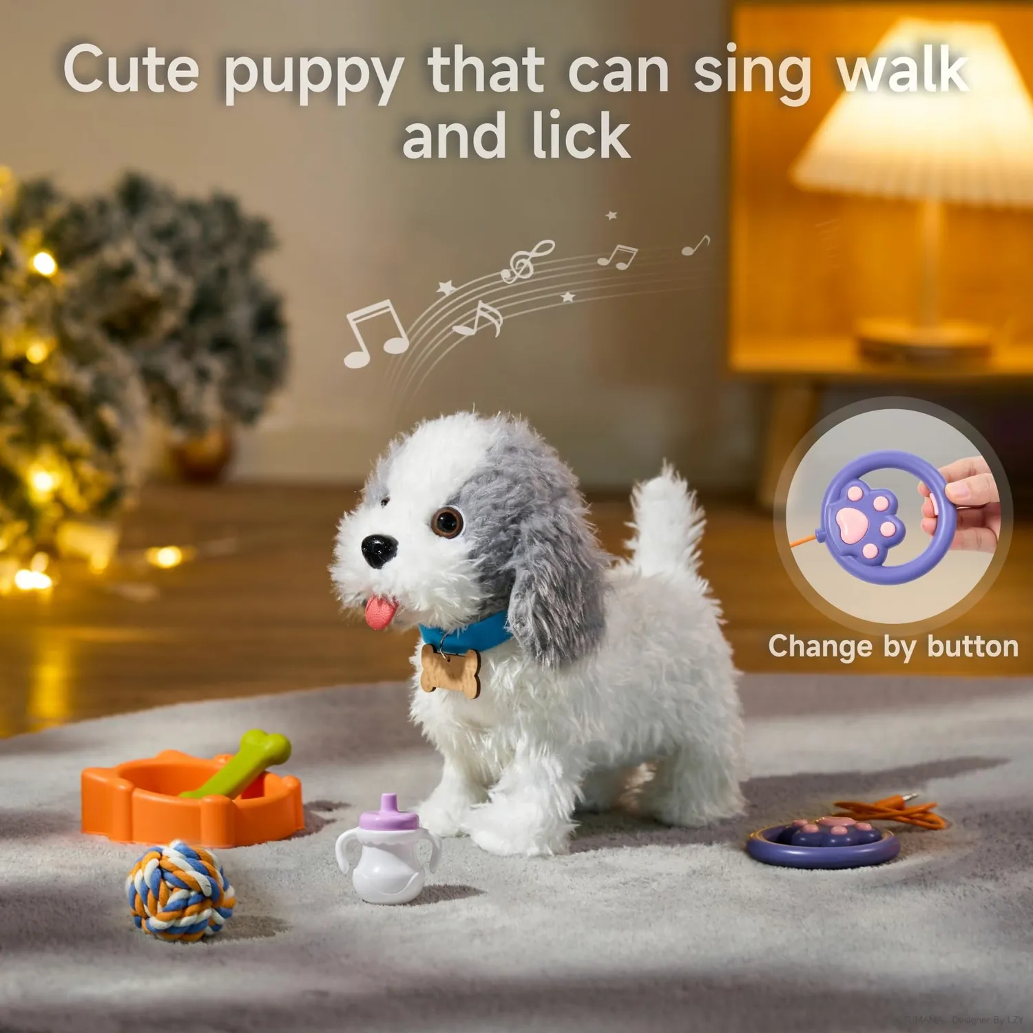OR OR TU Cagnolino peluche elettronico che lecca e canta con guinzaglio